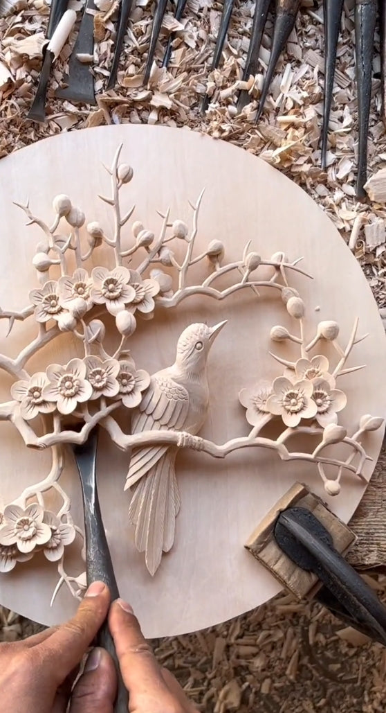 Hand carved magpie climbing plum blossom ornament