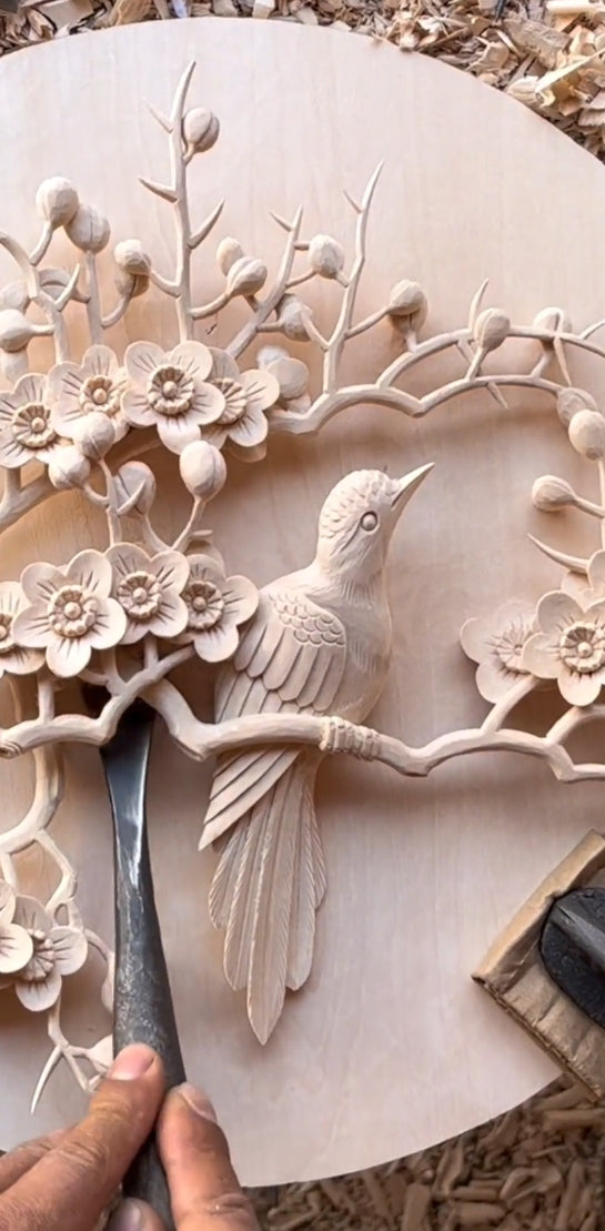 Hand carved magpie climbing plum blossom ornament