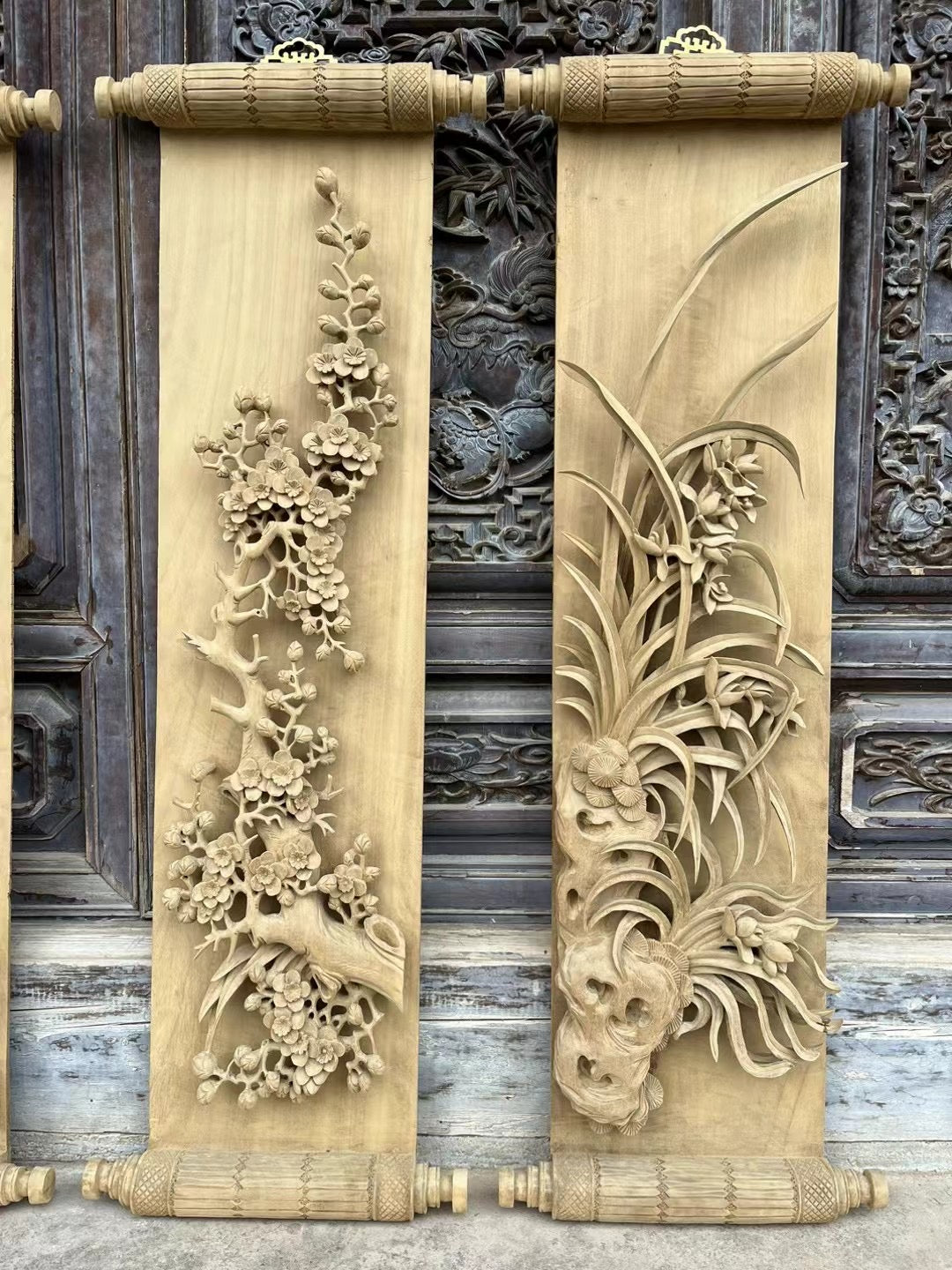 Hand carved pine trees, bamboo, plum blossoms, and orchids